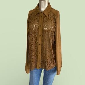 Coco + Jaimeson Women Large Brown Long Sleeve Blouse Top Stretch Raw Hem
